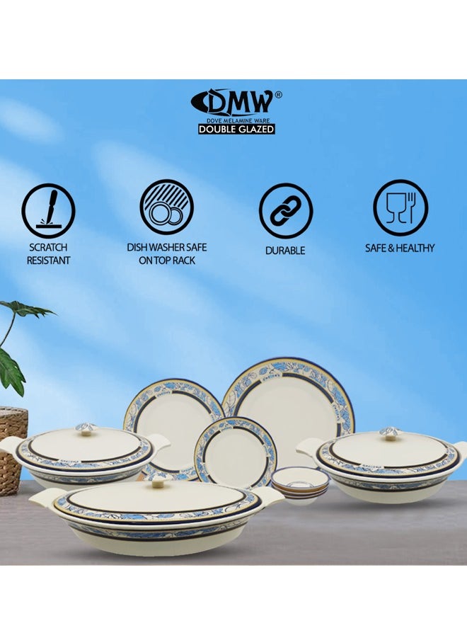 DMW - DMW Mikasa Lavish Design No.12 – 64-Piece Premium Melamine Dinnerware Set, Deep Royal Blue Border with Intricate Blue Leaf Motif and Golden Accents, Scratch Resistant, Unbreakable,Timeless and Sophisticated Dining Set - Image 1