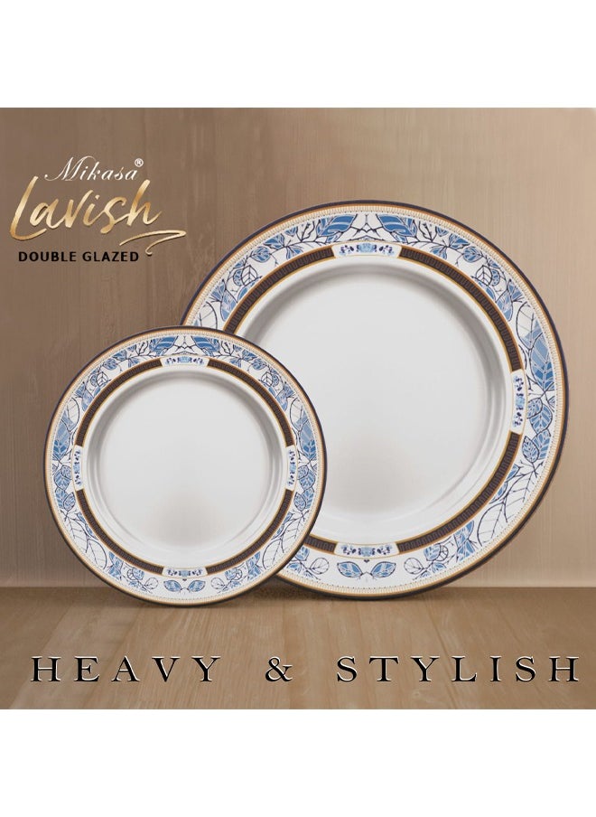 DMW - DMW Mikasa Lavish Design No.12 – 64-Piece Premium Melamine Dinnerware Set, Deep Royal Blue Border with Intricate Blue Leaf Motif and Golden Accents, Scratch Resistant, Unbreakable,Timeless and Sophisticated Dining Set - Image 1