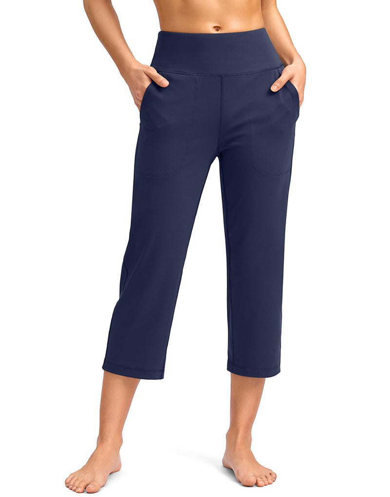 SANTINY Capri Pants for Women High Waisted Workout Yoga Capris Leggings Straight Leg Athletic Cropped Pants with Pockets (Navy_L) - Image 1
