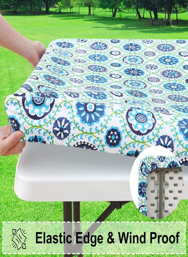 misaya Rectangle Vinyl Tablecloth, Fitted Table Cover, 100% Waterproof, Elastic Edge, Flannel Backing, Table Cloth Fit 6 Foot Folding Tables for Picnic, Outdoor (Navy Mandala, 30x72 inch) - Image 2