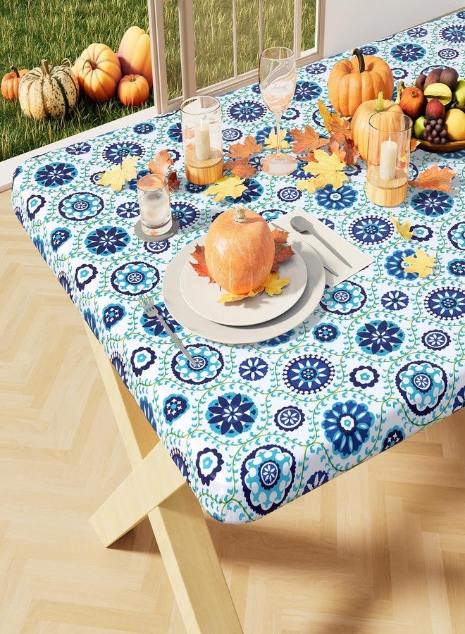 misaya Rectangle Vinyl Tablecloth, Fitted Table Cover, 100% Waterproof, Elastic Edge, Flannel Backing, Table Cloth Fit 6 Foot Folding Tables for Picnic, Outdoor (Navy Mandala, 30x72 inch) - Image 1