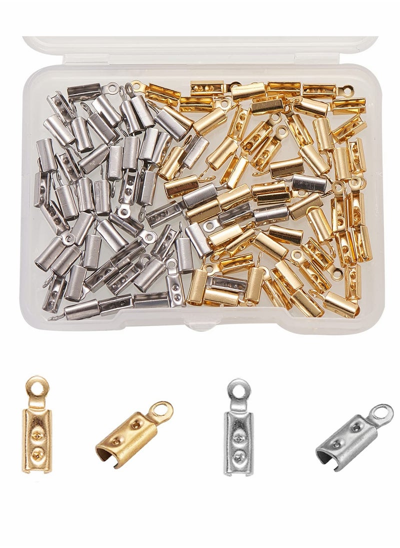 Excefore Folding Crimp Ends 100Pcs 2 Colors 304 Stainless Steel Fold Over Cord Ends for Cord Tassel Leather Ribbon Necklace Jewelry Accessories  - Image 1