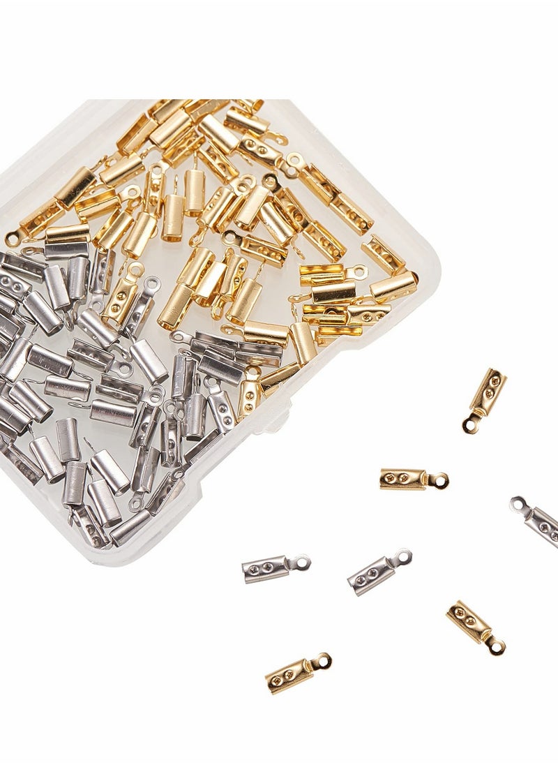 Excefore Folding Crimp Ends 100Pcs 2 Colors 304 Stainless Steel Fold Over Cord Ends for Cord Tassel Leather Ribbon Necklace Jewelry Accessories  - Image 2