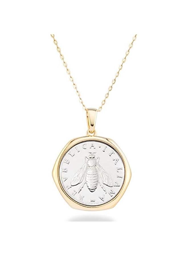 Arabest Italian 18K Gold over 925 Sterling Silver Genuine 2-Lira Bee Coin Medallion Pendant Necklace for Women 18 Inch Chain, Made in Italy - Image 1