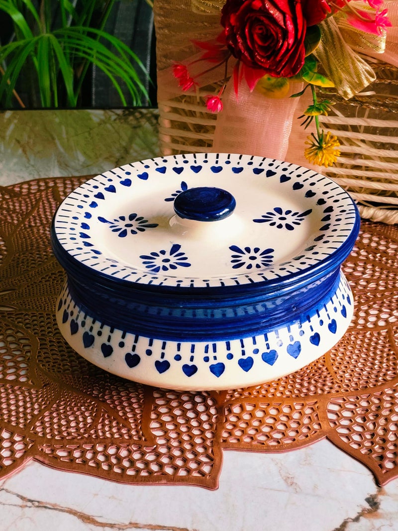 Niyara Stoneware Handmade Ceramic Handpainted Casserole/Donga Set Multipurpose Storage Ceramic Jars & Containers with Lid Kitchen Storage Size- Small/ 500 ml (Blue Berry) - Image 1