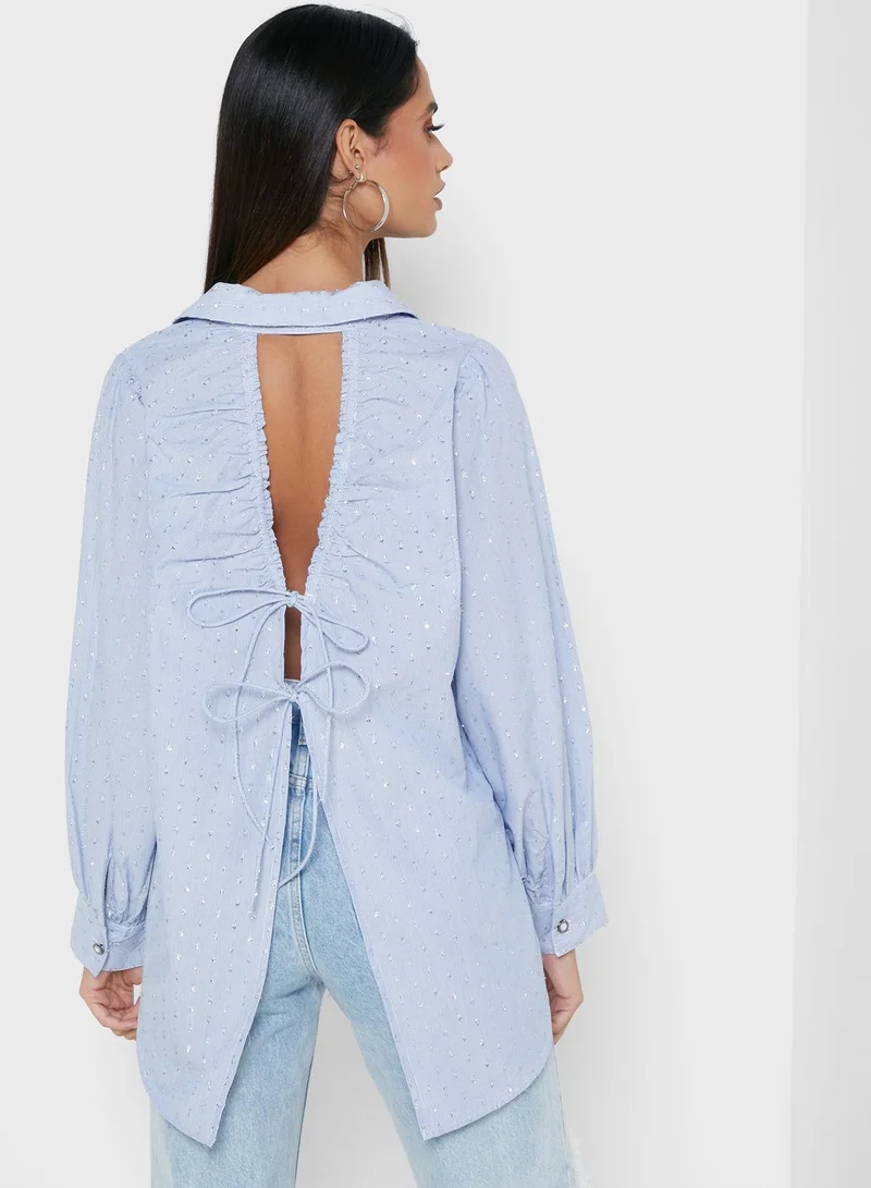 River Island Petite Orla Blue Cut Out Back Shirt
