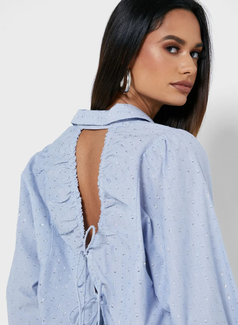 River Island Petite Orla Blue Cut Out Back Shirt