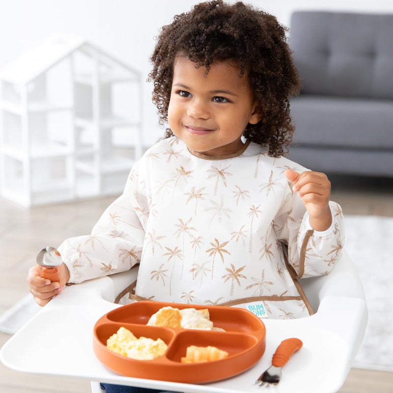 Bumkins Sleeved Bib for Girl or Boy, Baby and Toddler for 6-24 Mos, Essential Must Have for Eating, Feeding, Baby Led Weaning Supplies, Long Sleeve Mess Saving Food Catcher, Soft Fabric, Palm Trees - Image 2