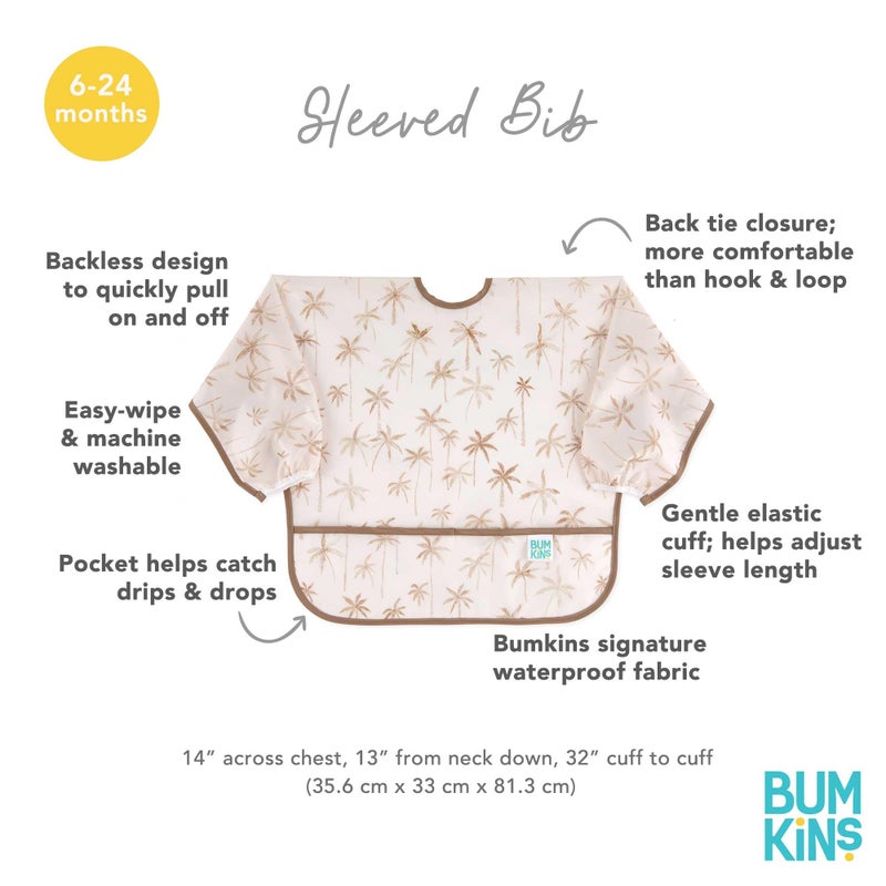 Bumkins Sleeved Bib for Girl or Boy, Baby and Toddler for 6-24 Mos, Essential Must Have for Eating, Feeding, Baby Led Weaning Supplies, Long Sleeve Mess Saving Food Catcher, Soft Fabric, Palm Trees - Image 4