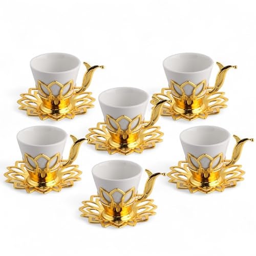 Alisveristime Set of 6 Turkish Coffee Set with Porcelain Cups Zamac Holders Saucers 80ml Capacity Ottoman Motif 4 Color Options Gold - Image 1
