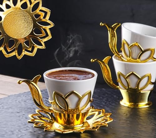 Alisveristime Set of 6 Turkish Coffee Set with Porcelain Cups Zamac Holders Saucers 80ml Capacity Ottoman Motif 4 Color Options Gold - Image 3