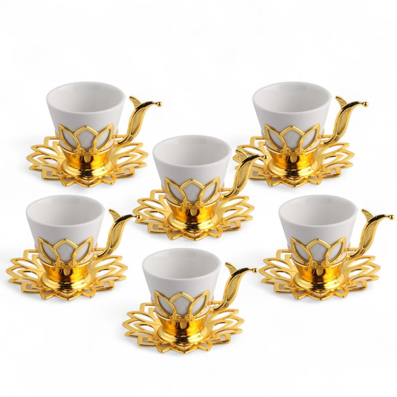 Alisveristime Set of 6 Turkish Coffee Set with Porcelain Cups Zamac Holders Saucers 80ml Capacity Ottoman Motif 4 Color Options Gold - Image 2