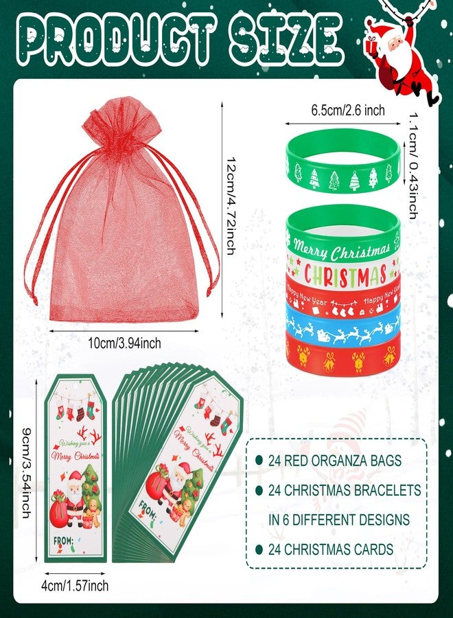 Liliful 72 Pcs Christmas Gifts 24 Set Christmas Students Gifts, Xmas Silicone Wristbands with Gift Label Tags and Organza Bags for Kids Stocking Stuffers Classroom Gift Party Favors(Merry Style) - Image 5