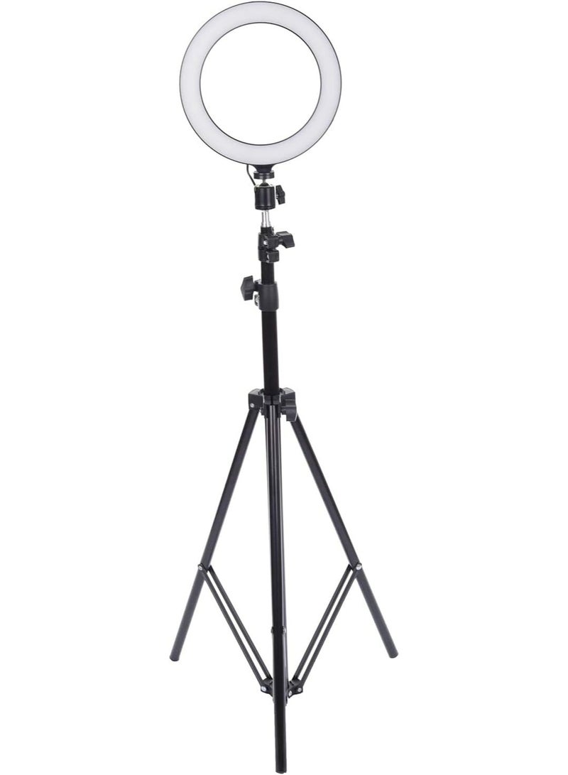 رينج لايت 20 سم مع حامل قابل للتعديل 2.1 متر – دوران 360 درجة للتصوير والبث المباشر – أسود وأبيض - Image 1