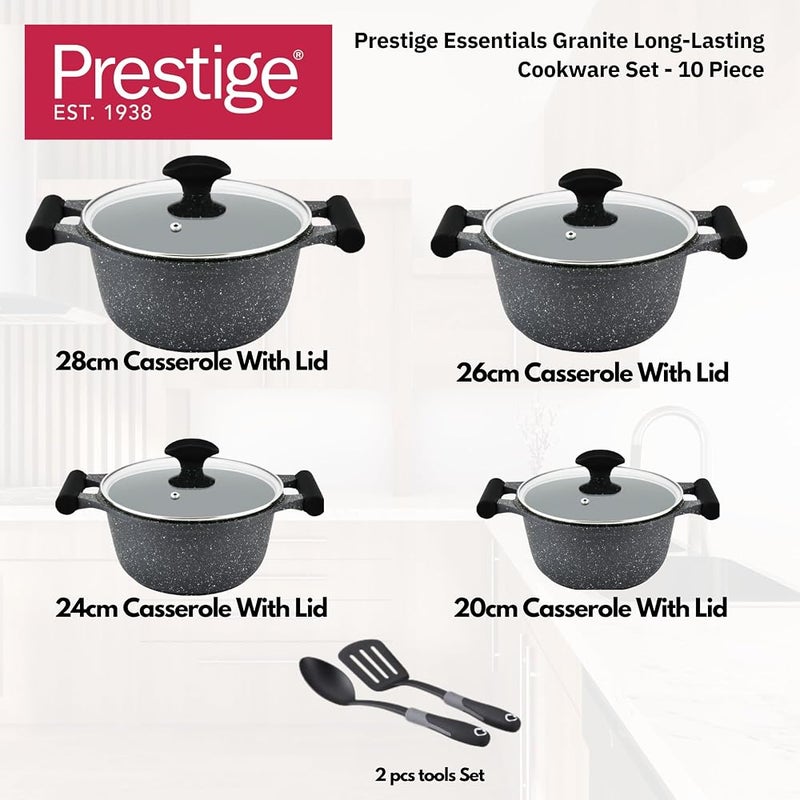 برستيج مجموعات أدوات مطبخ Prestige Essential (10 قطع) مجموعة أواني ومقلاة من الجرانيت مجموعة طهي غير لاصقة من الجرانيت مجموعات طهي بالموجات فوق الصوتية - لون أسود - Image 3