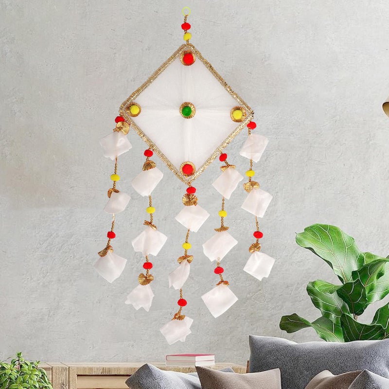 ProKart Premium Tissue Net Fabric Handmade Colorful Pom Pom Kite Hanging Decoration for Wall/Door Hanging Home Décor, Office, Door, Window, Haldi, Mehndi, Festival Decoration Items (Cream)