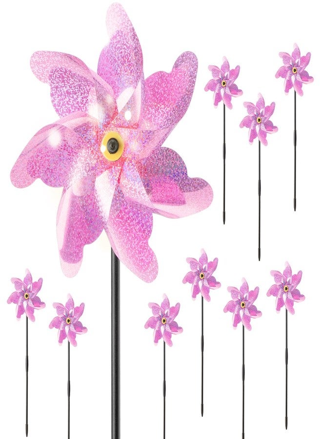 BATTIFE Reflective Pinwheels for Yard and Garden, Pre-Installed Bird Blinder Sparkly Pin Wheel, Scare Birds & Animal Away Wind Spinner, 10 Pack (Pink) - Image 1