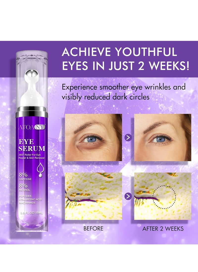 ATOANY Eye Treatment Serum - 8% Caffeine & Retinol, Hyaluronic Acid, Niacinamide, Peptides - Cream for Dark Circles, Puffy Eyes, Fine Lines - 360° Eye Roller Massage Ball Included, 0.5 fl. Oz  - Image 2