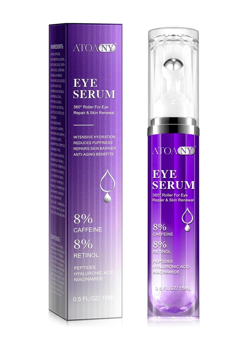 ATOANY Eye Treatment Serum - 8% Caffeine & Retinol, Hyaluronic Acid, Niacinamide, Peptides - Cream for Dark Circles, Puffy Eyes, Fine Lines - 360° Eye Roller Massage Ball Included, 0.5 fl. Oz  - Image 1