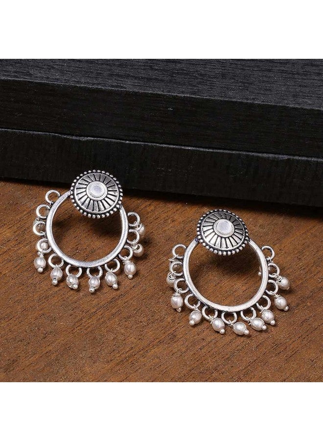 Voylla Traditional Oxidised Silver Plating Brass Oxidized Round shaped Beaded Dangle & Drop Earrings for Women and Girls - Image 2