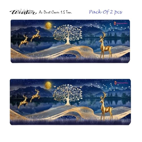 DARSHANAM WORLD Polyester Printed Air Conditioning Dust Cover Folding Designer Ac Cover For Indoor Split Ac 1.5 Ton (97 X 31 X 21 .5 Cm ) (Gold Deer 2 Pcs) (Blue) - Image 1
