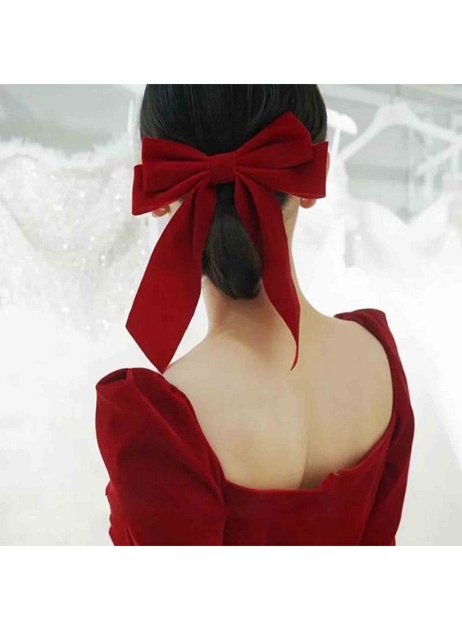 Yheakne Velvet Hair Bow Tail Satin Bow Long Tail Headpieces Winter Hair Barrette Headwear Hair Accessories For Women And Girls Gifts (Red) - Image 2