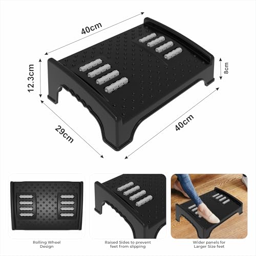 Techhark® Ergonomic Under Desk Foot Rest with Massage Rollers, 40 x 29 x 12.3 cm, Anti-Slip Design, Black, Plastic - Image 2
