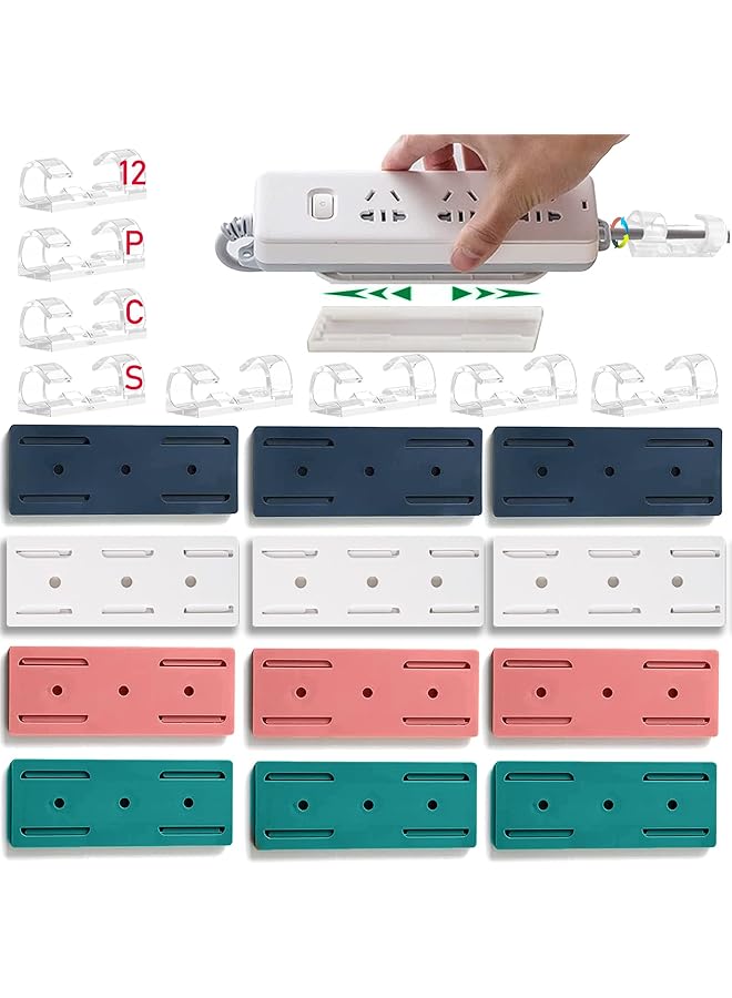 PROMASS 12PCS Power Strip Holder, Adhesive Punch-Free Socket Holder, Self Adhesive Socket Desktop Fixer, Cable Management Punch Free Surge Protector, Desktop Mobile Socket Holder Wall Mount and 20 Cable Clip