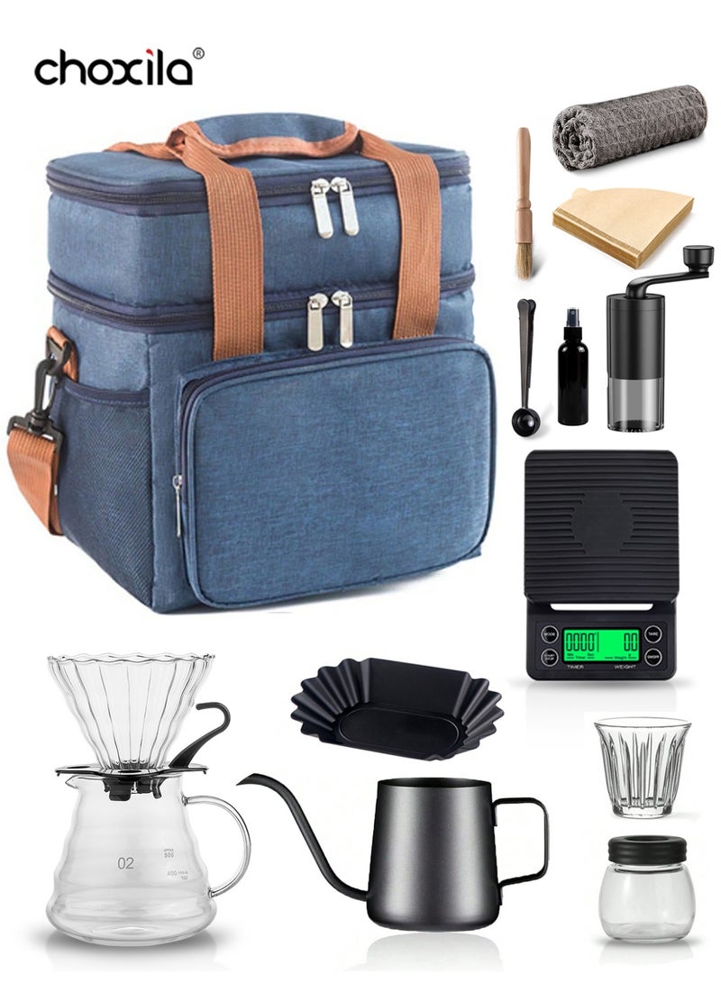 choxila 14pcs/set Coffee Set with Storage Bag, V02 Pour Over Coffee Set, Manual Drip Coffee Accessories Set, Includes: 350ml Gooseneck Kettle, 600ml Coffee Pot, Coffee Filter, Paper Filters, Filter Holder, Digital Scale, Coffee Bean Storage Jar, and Other Accessories. Perfect gift for family, loved ones, and coffee lovers. Perfect for afternoon tea, family gatherings, offices, cafes, and camping - Image 1