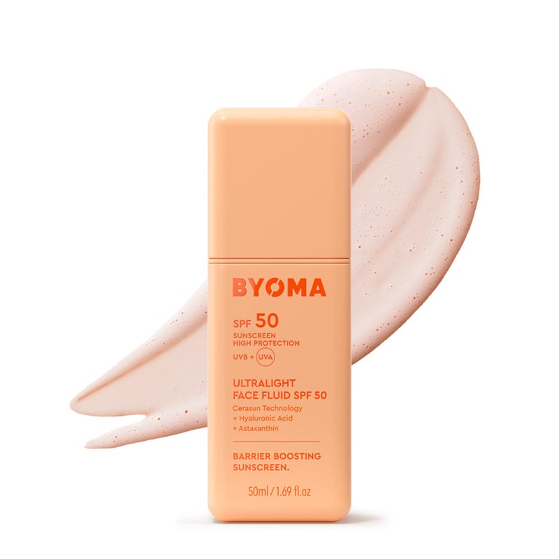BYOMA بيوما سائل واقي شمس للوجه SPF 50 - واقي شمس خفيف الوزن للغاية لجميع ألوان البشرة - توهج لامع، بدون أثر أبيض - مرطب SPF يقوي حاجز البشرة - 1.69 أونصة سائلة - Image 1