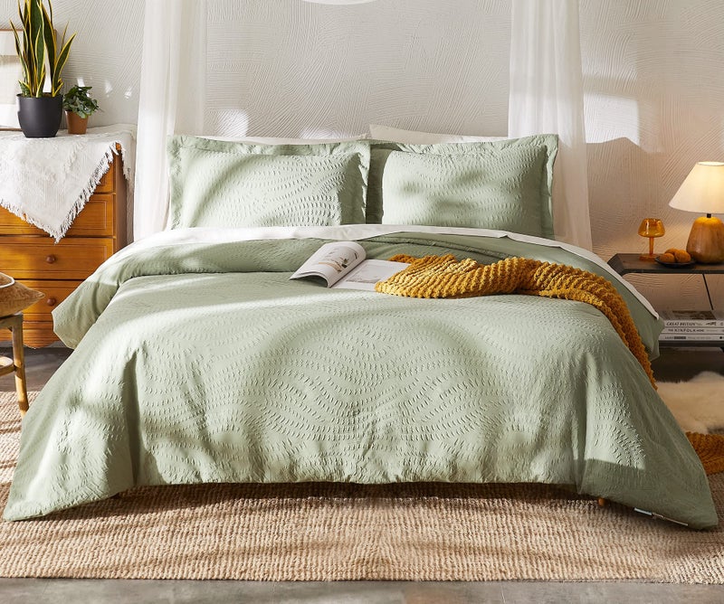 Geniospin Queen Comforter Set Bed in a Bag Sage Green 7Pieces Botanical Pattern All Season Comfortable Seersucker Bedding with Comforter Sheets Pillowcase  Shams Queen 90x90