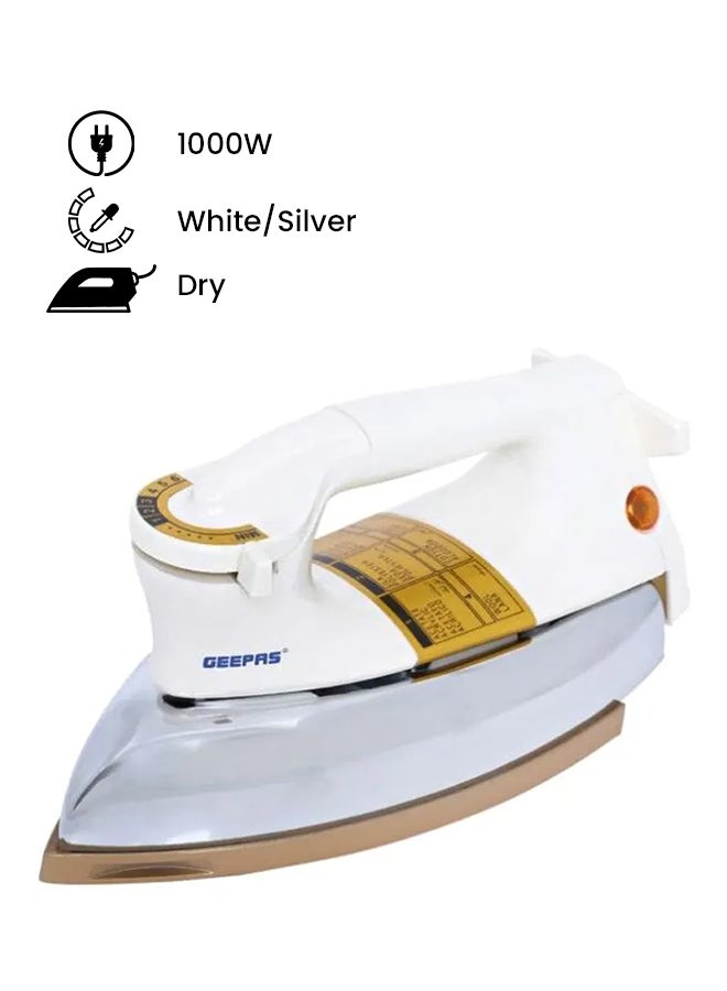 Electric Dry Iron, Golden Ceramic Soleplate Iron, 1000W Heavy Weight Iron with Adjustable Temperature | Pilot Indicator Lamp | Overheat Protection | Swivel Cord 1000 W Gdi2752 White/Silver