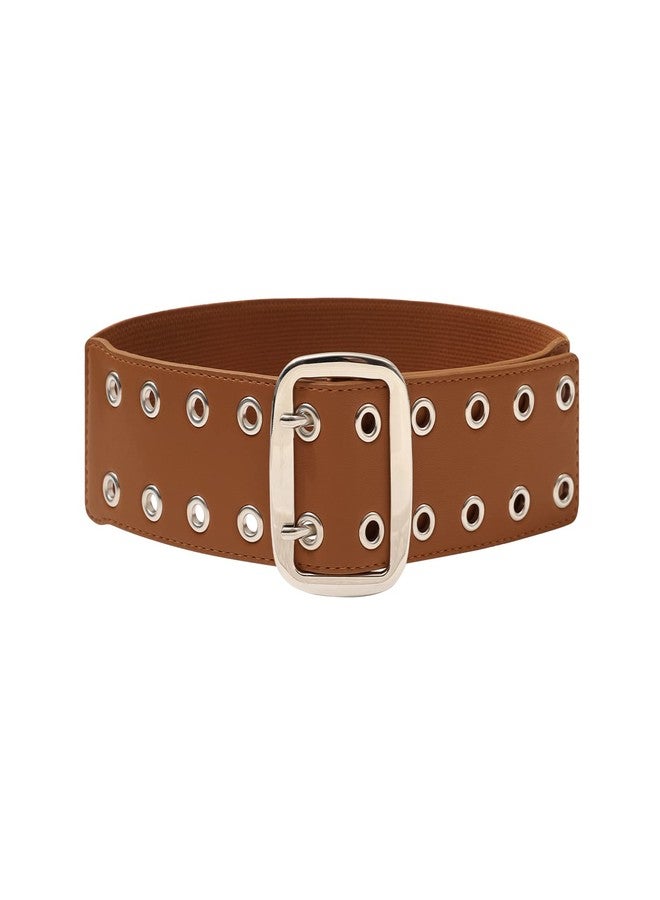 كاجير حزام كاجير ذو فتحتين معدنيتين للنساء - حزام خصر مطاطي عريض من الجلد الصناعي للنساء، حزام بانك (مقاس متوسط، بني) - Image 1