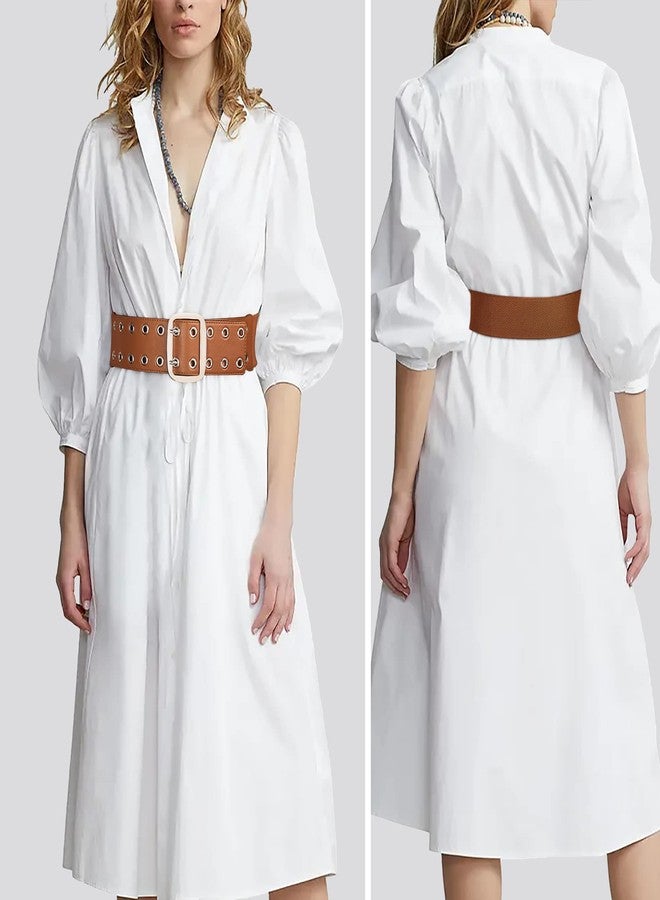 كاجير حزام كاجير ذو فتحتين معدنيتين للنساء - حزام خصر مطاطي عريض من الجلد الصناعي للنساء، حزام بانك (مقاس متوسط، بني) - Image 3