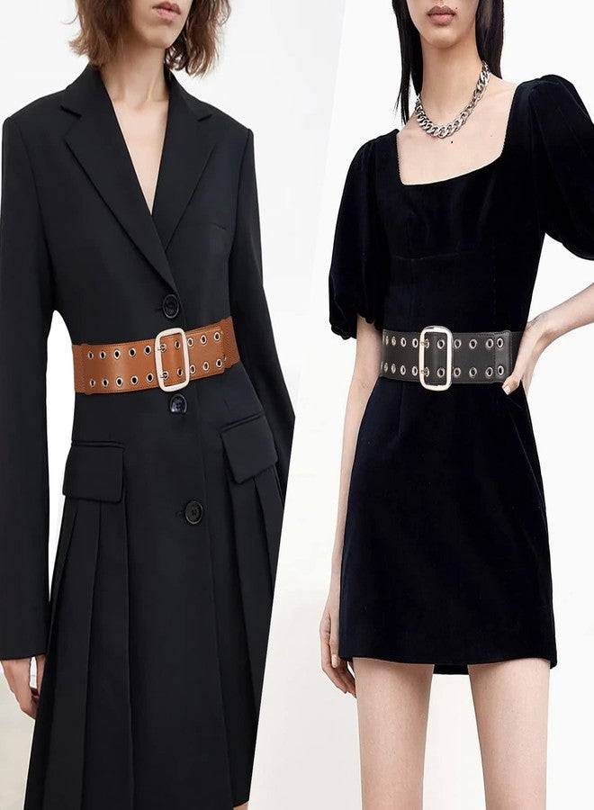 كاجير حزام كاجير ذو فتحتين معدنيتين للنساء - حزام خصر مطاطي عريض من الجلد الصناعي للنساء، حزام بانك (مقاس متوسط، بني) - Image 5