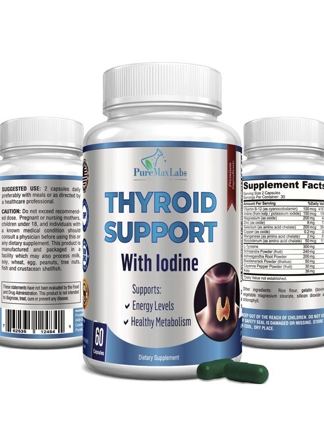 YUMMYVITE - Thyroid Support with Iodine - Metabolism Booster, Energy Booster, Increase Focus - Premium Non-GMO Thyroid Supplement 60 Capsules - Image 1