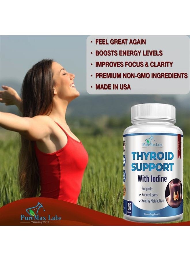 YUMMYVITE - Thyroid Support with Iodine - Metabolism Booster, Energy Booster, Increase Focus - Premium Non-GMO Thyroid Supplement 60 Capsules - Image 1