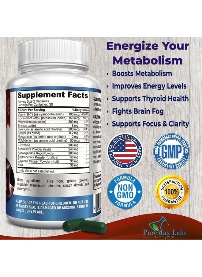 YUMMYVITE - Thyroid Support with Iodine - Metabolism Booster, Energy Booster, Increase Focus - Premium Non-GMO Thyroid Supplement 60 Capsules - Image 1