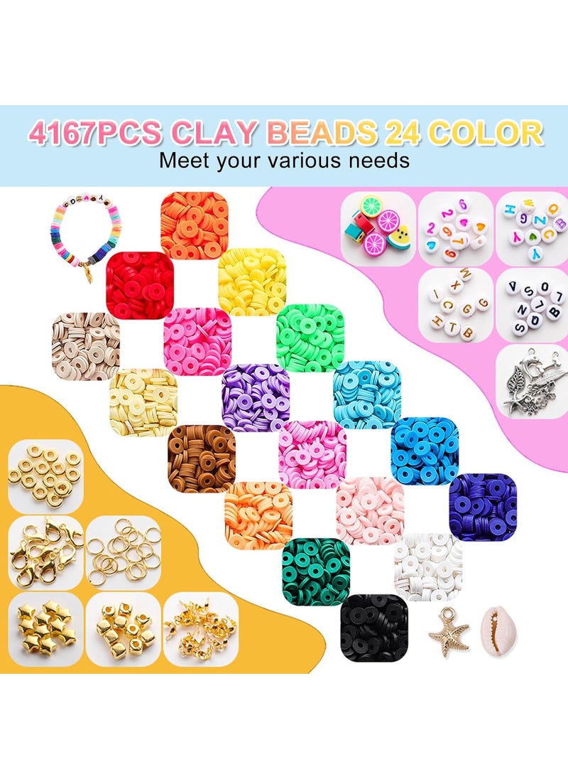 KEEPOW KEEPOW Clay Beads for Jewellery Making 4167Pcs 26 Colors Clay Beads Bracelet Kit, Polymer Flat Beads Letter Spacer Pentagram Seashell Beads with Charms Elastic Strings DIY Craft Gift for Girls Kids  - Image 4