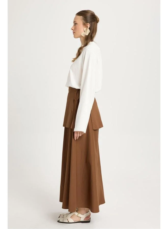 mina aise Women's Brown Belted Poplin Long Skirt 30021.