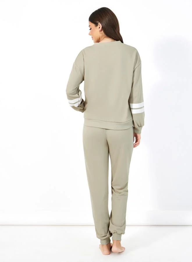 Styli Slogan Print Double Stipe Sweatshirt & Joggers Pyjama Set