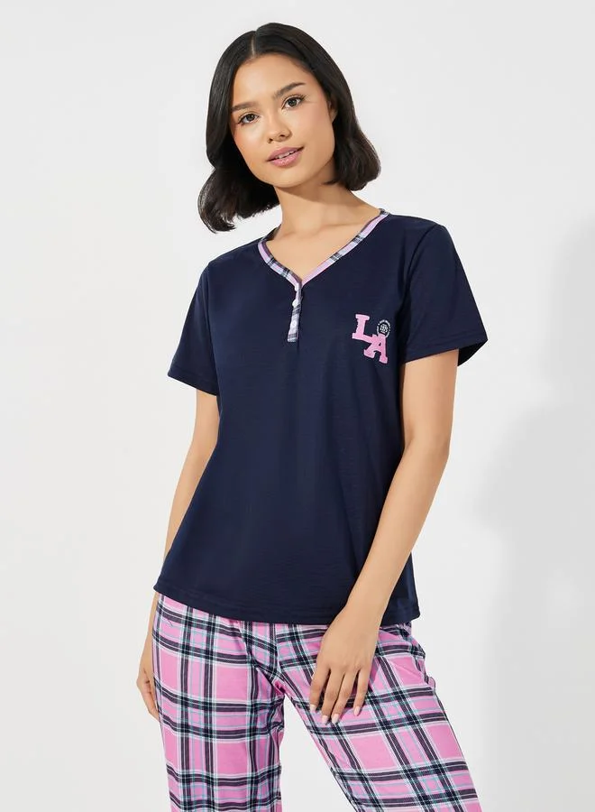 Styli Contrast Edge Graphic Placket T-Shirt & Checked Pyjama Set