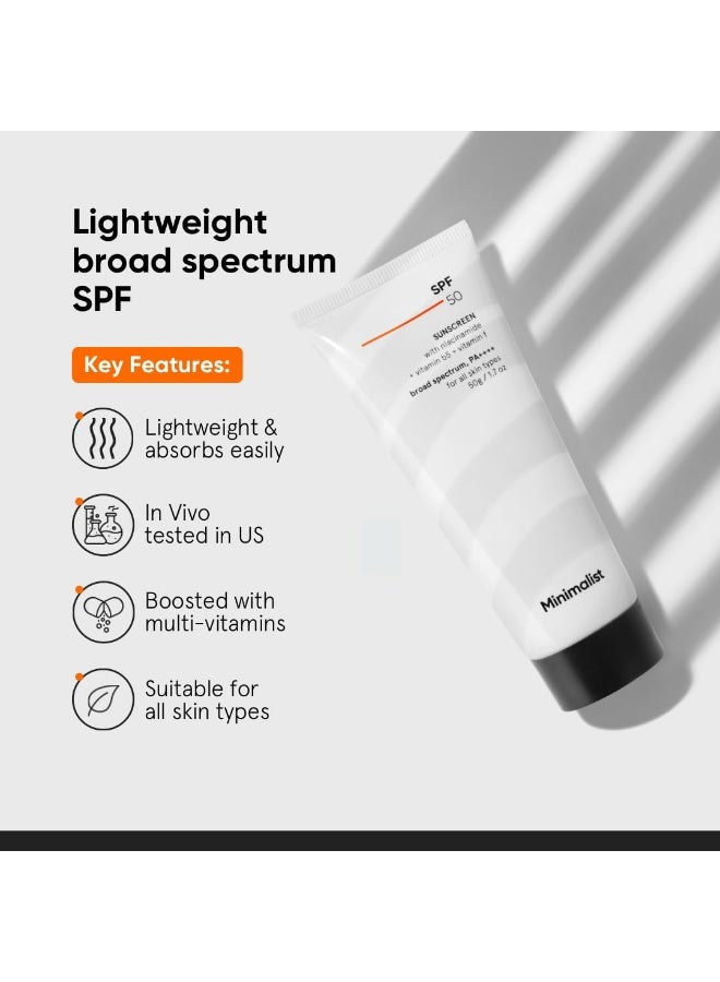 Minimalist Sunscreen SPF 50 PA+++ with Niacinamide & Multi-Vitamins | Clinically Tested in US (In-Vivo) | Lightweight with Multi-Vitamins | No White Cast | Broad Spectrum | Face Sunscreen for Men & Women | 50gm - Image 2