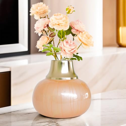 Ekhasa Nostrae by Ekhasa Unbreakable Peach Fuzz Enamel Flower Vase for Home Decor | Aesthetic Vase Gift for Wedding, Housewarming | Decorative Metal Vase with Vertical Lines for Living Room, Table, Office - Image 1