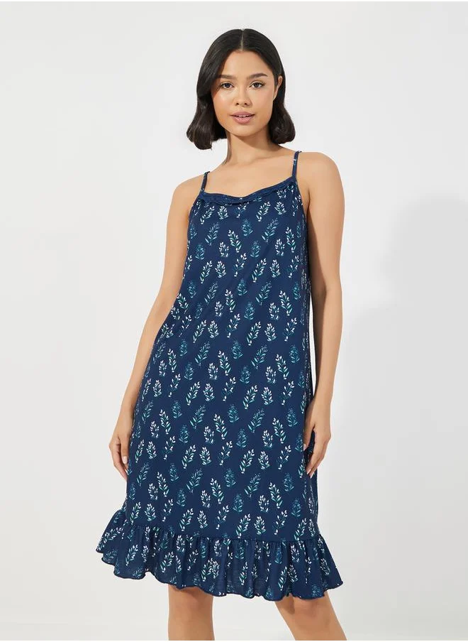 Styli Ditsy Leaf Print Ruffle Hem Slip Dress