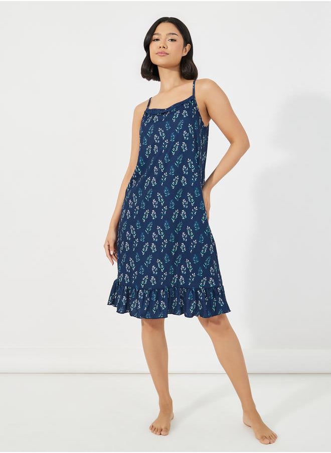 Styli Ditsy Leaf Print Ruffle Hem Slip Dress  - Image 1