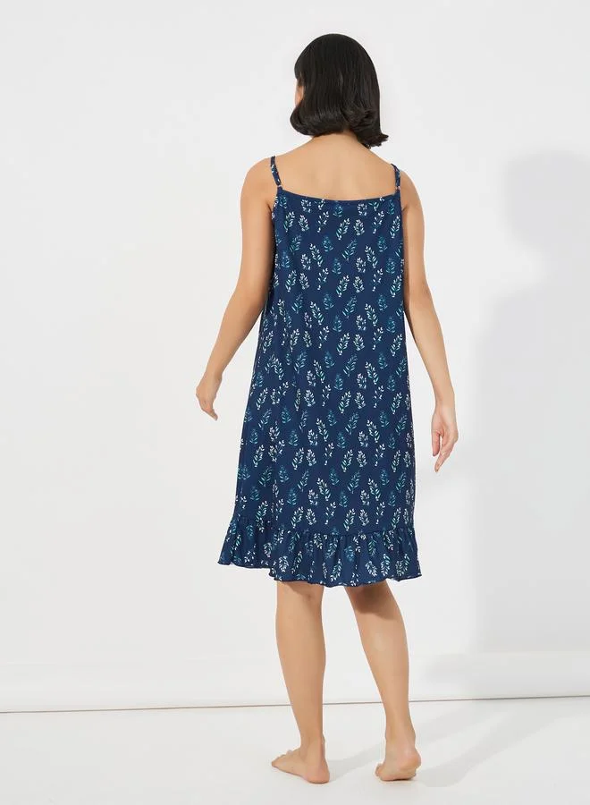 Styli Styli Ditsy Leaf Print Ruffle Hem Slip Dress