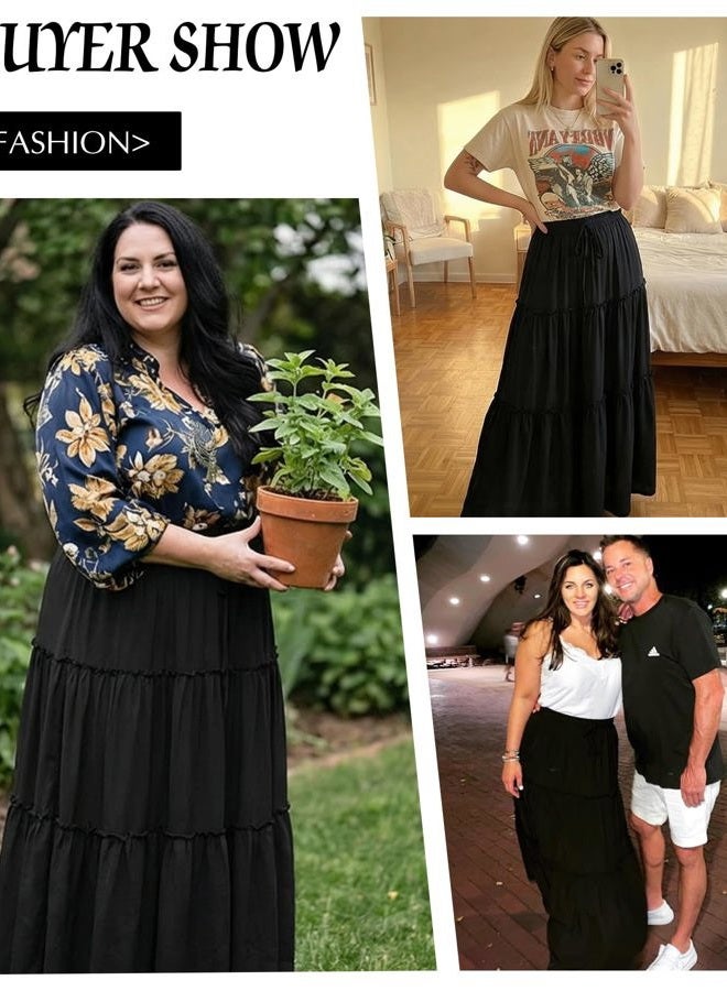 EARKOHA Womens Casual High Waist Tiered Paisley Print Long Maxi Skirt with Pockets, Solid-black, M - Image 4