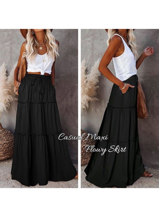 EARKOHA Womens Casual High Waist Tiered Paisley Print Long Maxi Skirt with Pockets, Solid-black, M - Image 3