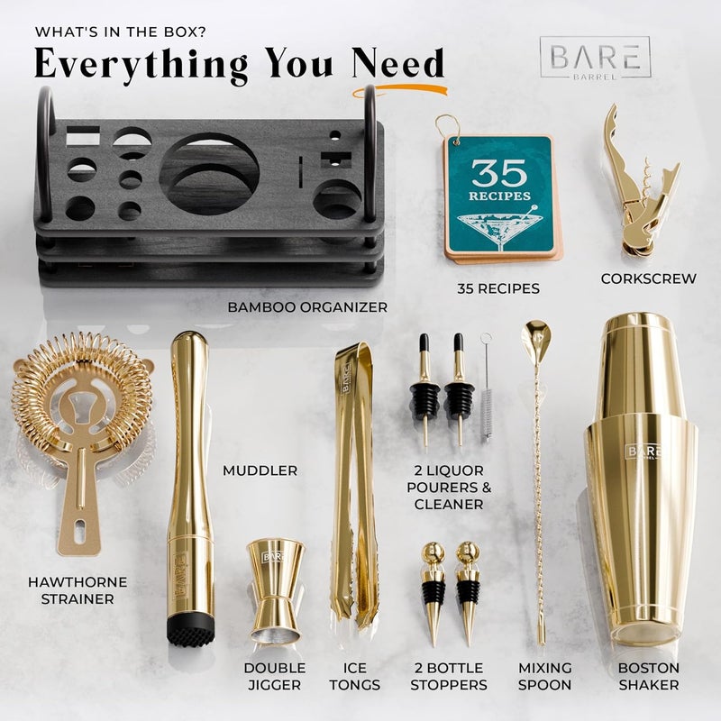 Bare Barrel طقم أدوات خلط الكوكتيل من ميكسولوجي | طقم شاكر كوكتيل مكون من 14 قطعة | أدوات خلط بار مارتيني للاستخدام المنزلي | 35 بطاقة وصفة | طقم هدايا (شاكر بوسطن 28 أونصة، ذهبي/أسود) - Image 4